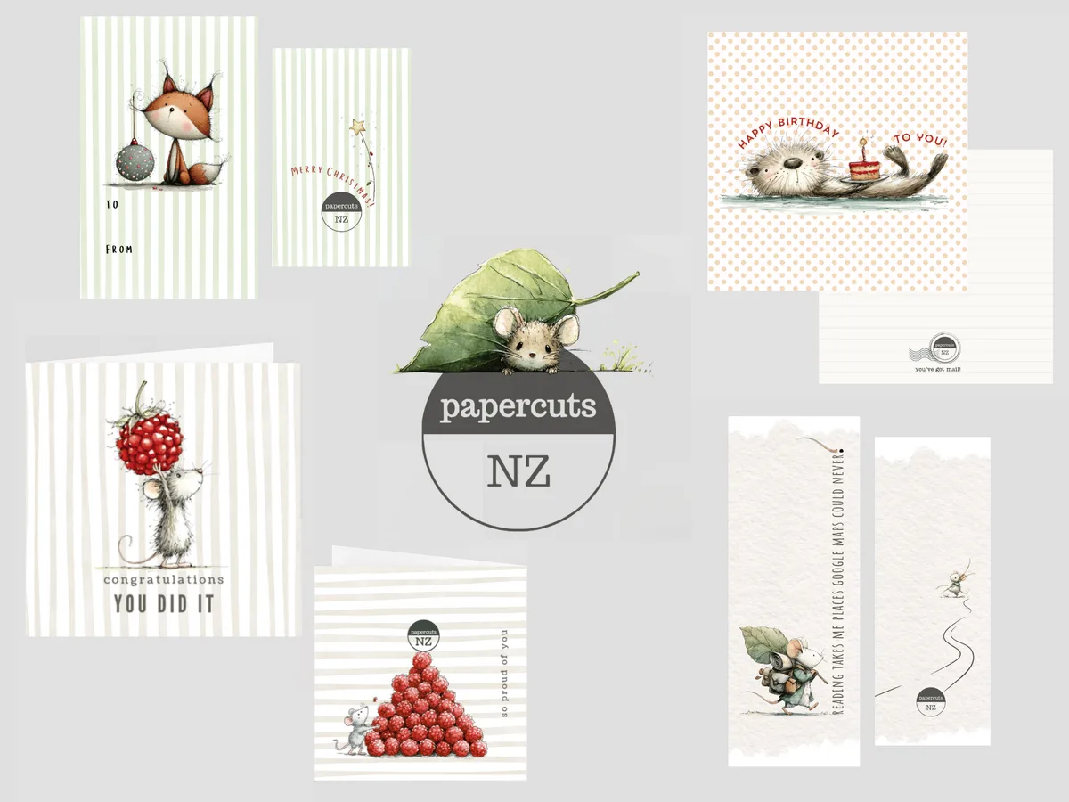 Papercuts NZ greeting cards, a Christmas gift tag and illustrated bookmarks